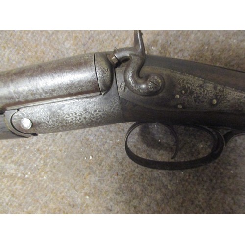 318 - ANTIQUE 12 GUAGE DOUBLE BARREL SHOTGUN AROUND 1850 HAMMER GUN S/S HAMMER SIDE LEAVER BREAK
NOTE! VIE... 