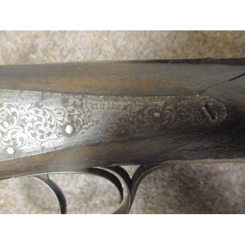 318 - ANTIQUE 12 GUAGE DOUBLE BARREL SHOTGUN AROUND 1850 HAMMER GUN S/S HAMMER SIDE LEAVER BREAK
NOTE! VIE... 