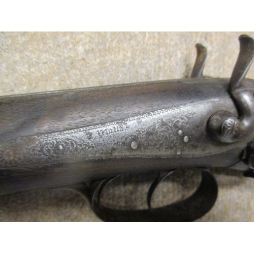 318 - ANTIQUE 12 GUAGE DOUBLE BARREL SHOTGUN AROUND 1850 HAMMER GUN S/S HAMMER SIDE LEAVER BREAK
NOTE! VIE... 