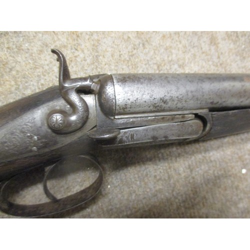 318 - ANTIQUE 12 GUAGE DOUBLE BARREL SHOTGUN AROUND 1850 HAMMER GUN S/S HAMMER SIDE LEAVER BREAK
NOTE! VIE... 