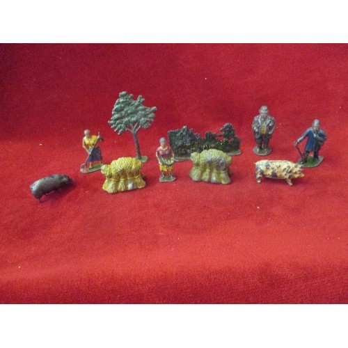 73 - VINTAGE LEAD FARM TOYS INC HILL & CO PIG, BRITAINS? WHEATSHEAFS, FARMER & FARM WORKERS, TREE AND HED... 