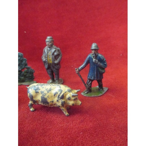 73 - VINTAGE LEAD FARM TOYS INC HILL & CO PIG, BRITAINS? WHEATSHEAFS, FARMER & FARM WORKERS, TREE AND HED... 