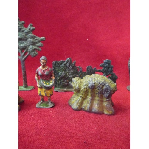 73 - VINTAGE LEAD FARM TOYS INC HILL & CO PIG, BRITAINS? WHEATSHEAFS, FARMER & FARM WORKERS, TREE AND HED... 