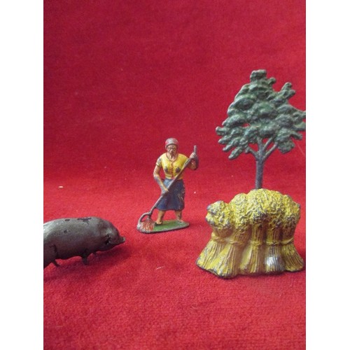 73 - VINTAGE LEAD FARM TOYS INC HILL & CO PIG, BRITAINS? WHEATSHEAFS, FARMER & FARM WORKERS, TREE AND HED... 