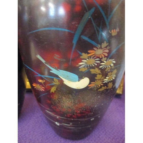 149A - TWO EARLY 20TH CENTURY JAPANESE ENAMEL ON METAL VASES DECORATED WITH BIRDS AND FLOWERS. ONE HAS A HO... 