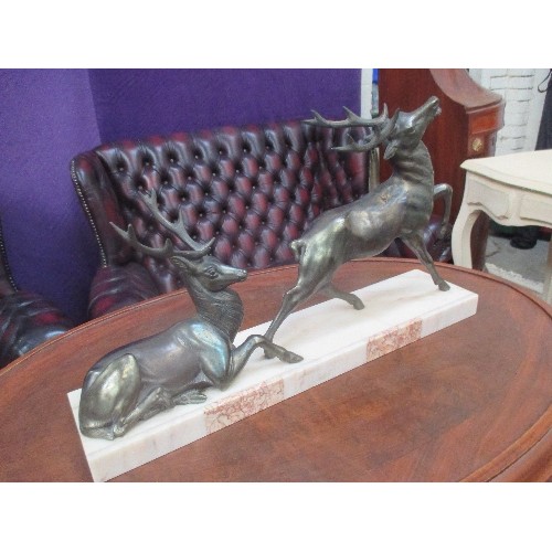 210 - AN IMPRESSIVE 1930'S FRENCH ART DECO PERIOD GROUP OF TWO STAGS - IN BRONZED METAL ON A HEAVY MARBLE ... 