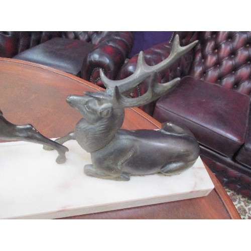 210 - AN IMPRESSIVE 1930'S FRENCH ART DECO PERIOD GROUP OF TWO STAGS - IN BRONZED METAL ON A HEAVY MARBLE ... 