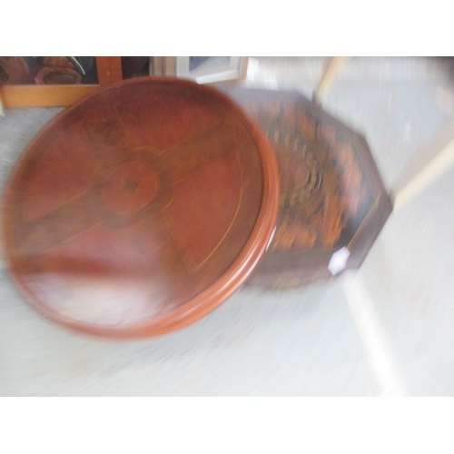 515 - TWO TABLE TOPS, ONE WITH BURR WOOD VENEER, THE OTHER OCTAGONAL SHAPE WITH MARQUETRY INLAY AND PENWOR... 