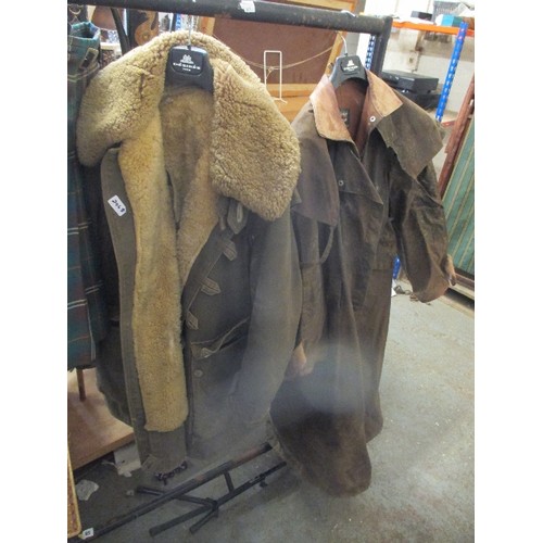 246B - GENTS VINTAGE SHEEPSKIN LINED KHAKI CANVAS COAT TOGETHER WITH A WAXED STOCKMAN JACKET