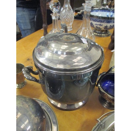 347 - QUANTITY OF VINTAGE SILVER PLATED WARES INCLUDING A MUFFIN DISH, ICE BUCKET, 2 BASKETS, SUGAR BOWL W... 