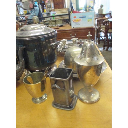 347 - QUANTITY OF VINTAGE SILVER PLATED WARES INCLUDING A MUFFIN DISH, ICE BUCKET, 2 BASKETS, SUGAR BOWL W... 