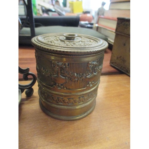 331A - VICTORIAN SILVER PLATED EGG CODDLER BY HUKIN & HEATH, BRASS STRING DISPENSER AND AN ORIENTAL VESSEL