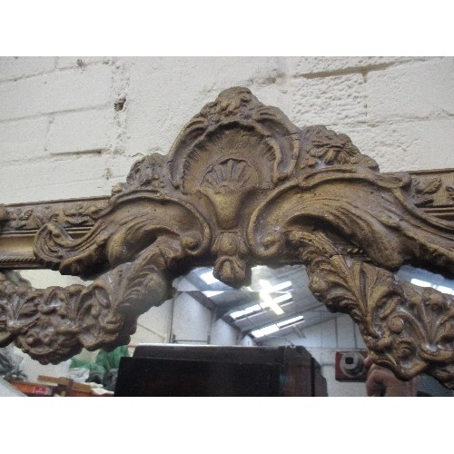 184 - A SUPERB AND VERY LARGE FRENCH STYLE WALL MIRROR IN ORNATE GILT FRAME WITH SWAGS AND SHELL MOTIF IN ... 