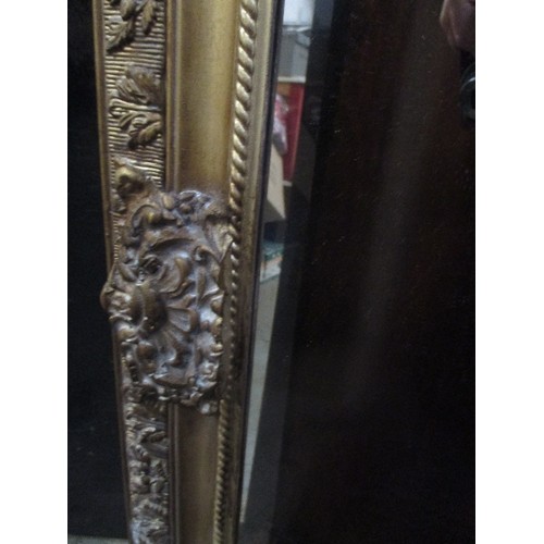 184 - A SUPERB AND VERY LARGE FRENCH STYLE WALL MIRROR IN ORNATE GILT FRAME WITH SWAGS AND SHELL MOTIF IN ... 