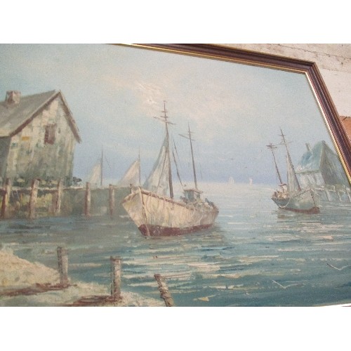 157A - LARGE LATE 20TH CENTURY OIL ON CANVAS OF A HARBOUR SCENE IN SHADES OF BLUE