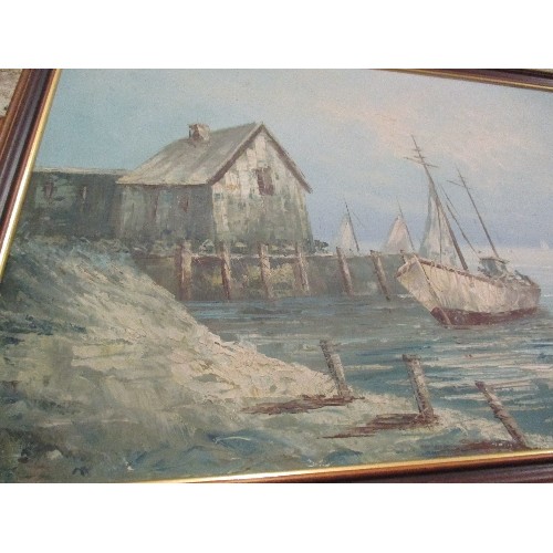 157A - LARGE LATE 20TH CENTURY OIL ON CANVAS OF A HARBOUR SCENE IN SHADES OF BLUE