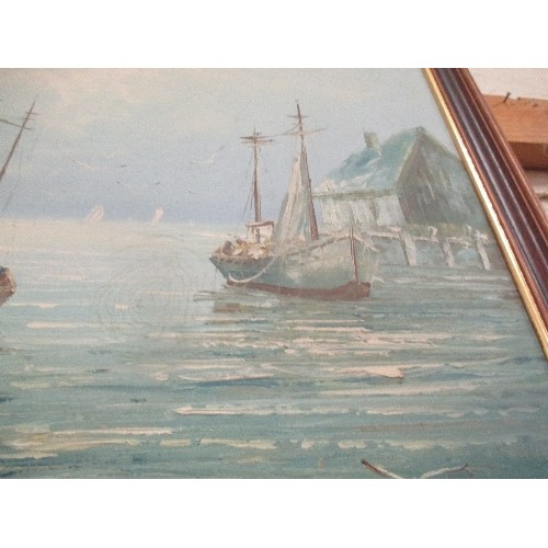 157A - LARGE LATE 20TH CENTURY OIL ON CANVAS OF A HARBOUR SCENE IN SHADES OF BLUE