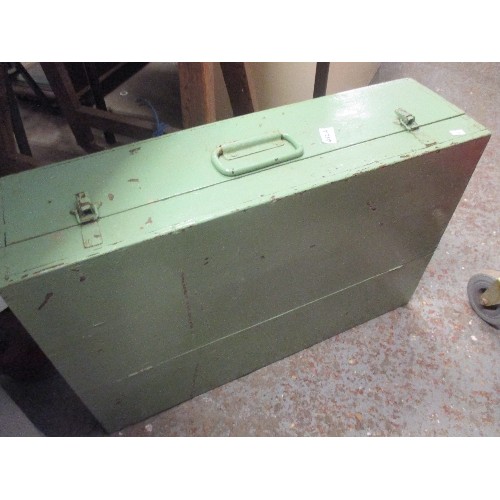 452A - VINTAGE GREEN PAINTED WOODEN CARPENTER'S TOOL BOX WITH PAINT, NAILS, SCREWS, DRAWER KNOBS ETC