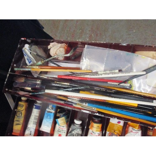 218A - ARTISTS BOX FULL OF BRUSHES, PALLETTE KNIVES, TUBES OF OIL PAINTS BY WINSOR & NEWTON, TOWNEY ETC