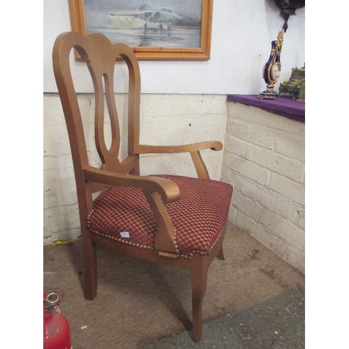 116 - LARGE THRONE SHAPED ARMCHAIR UPHOLSTERED IN MAROON CHECKED CHENILLE FABRIC WITH BRASS STUDS