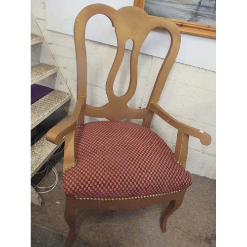 116 - LARGE THRONE SHAPED ARMCHAIR UPHOLSTERED IN MAROON CHECKED CHENILLE FABRIC WITH BRASS STUDS