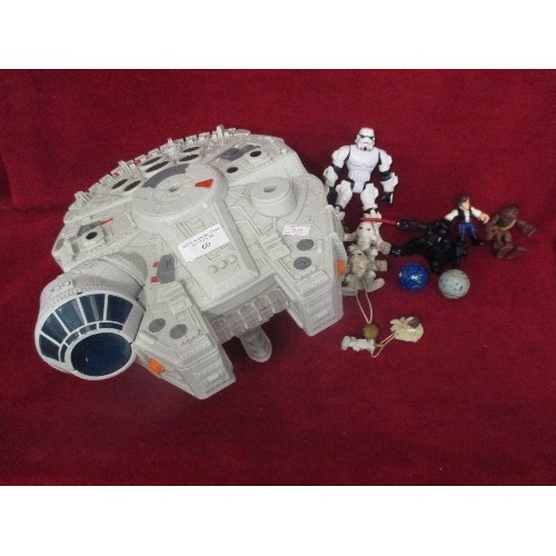 60 - STAR WARS -  MILLENIUM  FALCON  SPACESHIP,  3 LIGHT SABERS -  STORM TROOPER,  DARTH VADER FIHURES AN... 