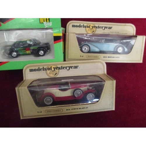 68 - 2 X MODELS OF YESTERYEAR - 1931 STUTZ BEARCAT, 1938 HISPANO SUIZA AND A CORGI MAX BUG, ALL BOXED