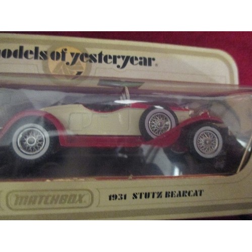 68 - 2 X MODELS OF YESTERYEAR - 1931 STUTZ BEARCAT, 1938 HISPANO SUIZA AND A CORGI MAX BUG, ALL BOXED