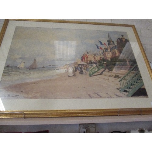 72 - LARGE CLAUDE MONET PRINT 'BEACH AT TROUVILLE' FRAMED AND GLAZED