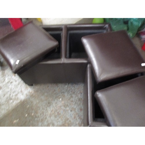 143 - FAUX BROWN LEATHER ONE SEAT CUBE WITH STORAGE AND  A MATCHING 2 SEATER WITH STORAGE