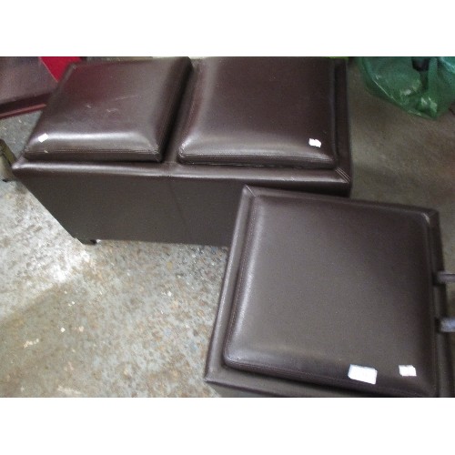 143 - FAUX BROWN LEATHER ONE SEAT CUBE WITH STORAGE AND  A MATCHING 2 SEATER WITH STORAGE