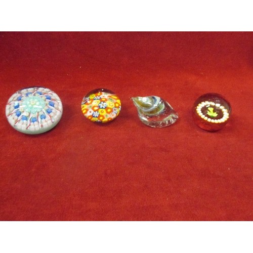 343 - FOUR GLASS PAPERWEIGHTS INCLUDING MILLEFIORI