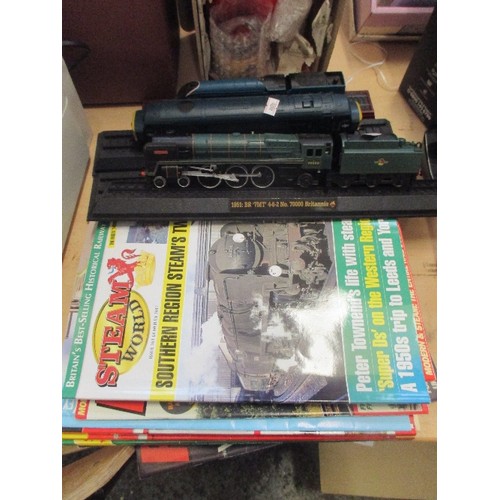 438 - FOUR STATIC TRAIN LOCOMOTIVE MODELS ON STANDS INC 1951 BR 87MT BRITANNIA, 1930 GWR 5700 CLASS, 1962 ... 