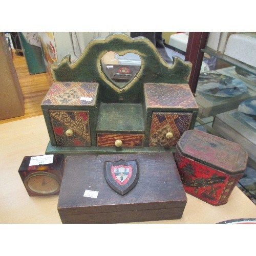 443 - VINTAGE LOT INC WOODEN CIGARETTE BOX WITH SHIELD ON LID, INDIAN DESIGN TABLE STAND, TEA TIN AND FAUX... 