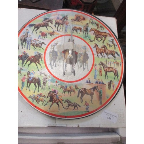 445 - TWO HORSE RACING WALL CLOCKS -QUARTZ - 30CM DIA