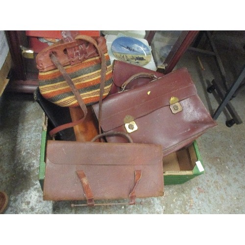 449 - GOOD LOT OF MOSTLY VINTAGE LEATHER SATCHELS, BRIEFCASES, COIN PURSE, STATIONERY CASE, MUSIC CASE ETC