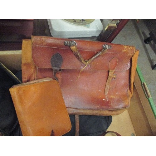 449 - GOOD LOT OF MOSTLY VINTAGE LEATHER SATCHELS, BRIEFCASES, COIN PURSE, STATIONERY CASE, MUSIC CASE ETC