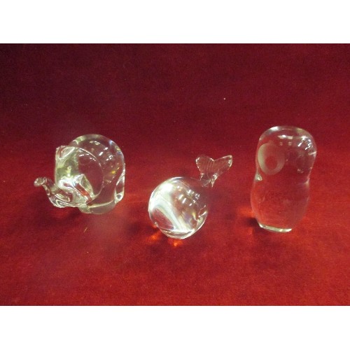 5 - 3 GLASS ANIMAL PAPERWEIGHTS - ELEPHANT, OWL AND WHALE