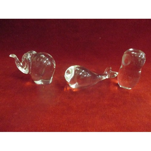 5 - 3 GLASS ANIMAL PAPERWEIGHTS - ELEPHANT, OWL AND WHALE