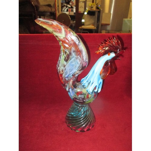 7 - LARGE MURANO GLASS COCKEREL IN MOTTLED BLUES, GREENS AND RED - 36CM