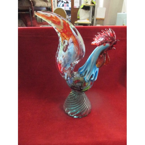 7 - LARGE MURANO GLASS COCKEREL IN MOTTLED BLUES, GREENS AND RED - 36CM