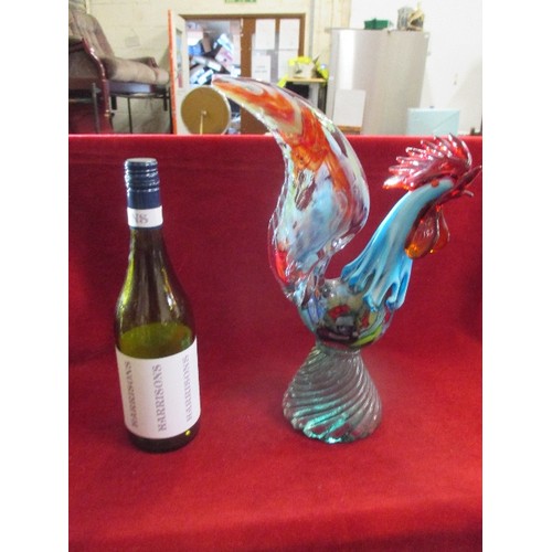 7 - LARGE MURANO GLASS COCKEREL IN MOTTLED BLUES, GREENS AND RED - 36CM