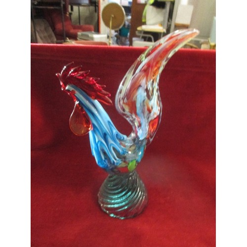 7 - LARGE MURANO GLASS COCKEREL IN MOTTLED BLUES, GREENS AND RED - 36CM