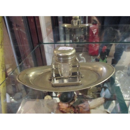 11 - EDWARDIAN CUT GLASS INKWELL ON SILVER PLATED STAND