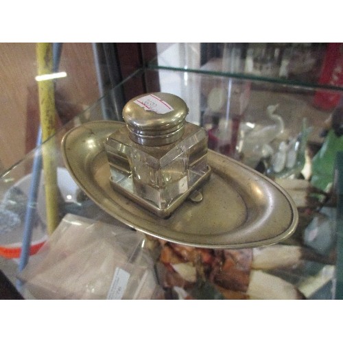 11 - EDWARDIAN CUT GLASS INKWELL ON SILVER PLATED STAND