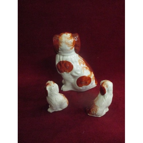 13 - VICTORIAN STAFFORDSHIRE FLATBACK SPANIEL - 17CM (REPAIR TO FRONT LEG AND A PAIR OF VICTORIAN STAFFOR... 