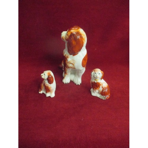 13 - VICTORIAN STAFFORDSHIRE FLATBACK SPANIEL - 17CM (REPAIR TO FRONT LEG AND A PAIR OF VICTORIAN STAFFOR... 