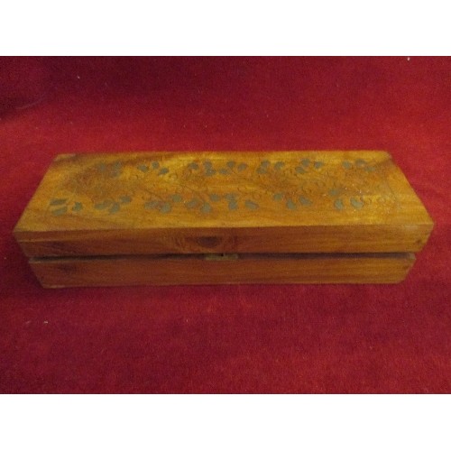 17 - SET OF SOLID WOOD AND INLAID BRASS DOMINOES IN BOX