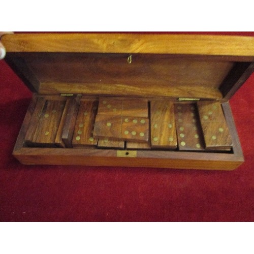 17 - SET OF SOLID WOOD AND INLAID BRASS DOMINOES IN BOX