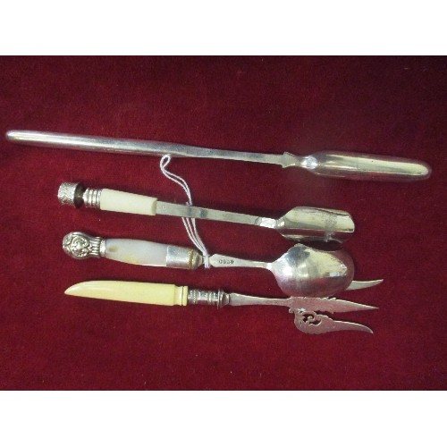 19 - FOUR ITEMS OF ANTIQUE CUTLERY INCLUDING MARROW SCOOP, BREAD FORK